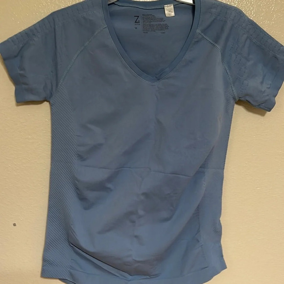 Z by Zella Blue Stretch Shirt V-Neck Athletic Ruched Short Sleeve size M - Picture 2 of 12